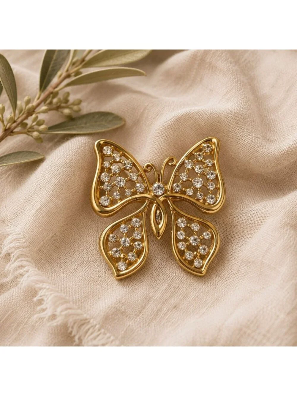 Vintage Monet Butterfly Brooch Gold Tone Rhinestone Openwork Pin Designer Jewelr